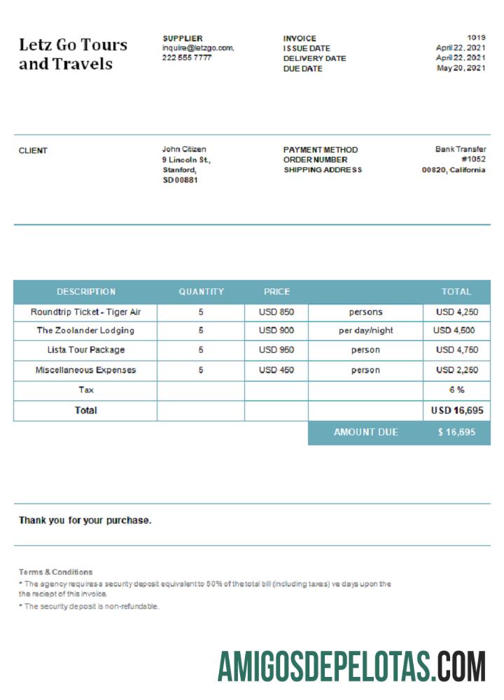 Fatura de passeios e viagens Letz Go nos EUA amostra